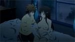  1boy 1girl animated animated_gif ass bed black_hair breasts kiss kotegawa_yui long_hair lowres nude shirt to_love-ru to_love-ru_darkness yuuki_rito 