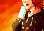  a5_arashi axel_(kingdom_hearts) black_coat_(kingdom_hearts) cloak facial_mark food gloves head_out_of_frame ice_cream kingdom_hearts male_focus red_hair solo tears 