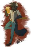  anthro barefoot beer beverage black_fur black_nose canine clothed clothing fur happy laphund looking_away male mammal open_mouth solo wolf yellow_eyes 