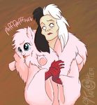  2013 clothed clothing cruella_de_vil disney duo equine female fluffle_puff fluffy friendship_is_magic fur fur_coat green_eyes hair horse human katotter mammal my_little_pony pink_fur pink_hair pony tongue tongue_out two_tone_hair 