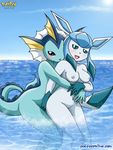  anthro bbmbbf blush breasts canine cute duo eeveelution female glaceon hug looking_at_viewer mammal nintendo nipples nude palcomix pok&#233;mon pok&#233;morph pok&eacute;mon pokepornlive sea smile standing vaporeon video_games water 