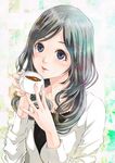  black_hair coffee cup kinoebi lips long_hair open_mouth original parted_lips purple_eyes solo 