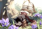  batako black_hair boots flower grass jacket lying mikasa_ackerman on_back scarf shingeki_no_kyojin short_hair solo thigh_strap tree upside-down 