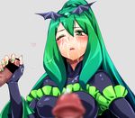  1girl bad_end_march bad_end_precure bad_id bad_pixiv_id black_bodysuit blurry blush bodysuit cum cum_on_clothes dark_persona facial fingerless_gloves gloves green_eyes green_hair grey_background handjob heart hetero long_hair neziiro one_eye_closed penis penis_grab precure simple_background smile_precure! solo_focus tiara wince 