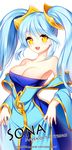  aqua_hair bare_shoulders blush breasts character_name english large_breasts league_of_legends long_hair looking_at_viewer low_neckline opalheart open_mouth simple_background solo sona_buvelle twintails watermark web_address white_background yellow_eyes 