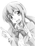  bow furuhashi_ai gofu greyscale kitakubu_katsudou_kiroku long_hair monochrome open_mouth simple_background smile solo white_background 