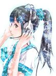  black_hair brown_eyes hair_ornament headset kinoebi lips long_hair looking_at_viewer original ponytail school_uniform scrunchie serafuku solo 