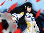  black_hair blood blood_splatter bloody_weapon blue_eyes dclzexon eyebrows junketsu kill_la_kill kiryuuin_satsuki lips long_hair soft_focus solo spoilers sword thick_eyebrows weapon 