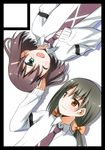  ;d black_border blush border brown_eyes brown_hair cardigan circle_cut green_eyes green_hair hair_ornament hair_ribbon hairclip long_hair long_sleeves looking_at_another lying multiple_girls necktie on_back one_eye_closed open_mouth ribbon saki saki_achiga-hen school_uniform shindouji_school_uniform shirouzu_mairu short_hair smile tsuruta_himeko twintails umekichi white_background yuri 