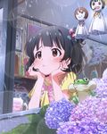  :t black_hair brown_eyes character_doll flower frog from_outside hair_bobbles hair_ornament hands_on_own_cheeks hands_on_own_face hydrangea idolmaster idolmaster_(classic) idolmaster_million_live! looking_out_window nakatani_iku official_art otonashi_kotori pout rain short_hair suou_momoko teruterubouzu window 