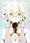  alternate_costume bad_id bad_pixiv_id blouse glasses green_eyes green_hair gumi holding mitsu_yomogi multicolored multicolored_eyes multicolored_hair occluder red-framed_eyewear shiryoku_kensa_(vocaloid) short_hair solo upper_body vocaloid 
