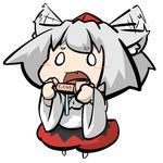  1girl animal_ears bad_id bad_pixiv_id bone commentary_request fang flapping_ears hat inubashiri_momiji inunoko. saliva short_hair silver_hair tokin_hat touhou translation_request wolf_ears 