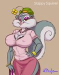  animaniacs anthro big_breasts bra bracelet breasts brown_eyes clothing erect_nipples female flower grey_hair hair hat jewelry jewerly lipstick mammal mr_samson nipples ring rodent shirt slappy_squirrel solo squirrel underwear young 