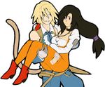  1girl ankle_boots antiheld bad_id bad_tumblr_id blonde_hair blue_eyes blush bodysuit boots breasts brown_hair carrying cleavage final_fantasy final_fantasy_ix garnet_til_alexandros_xvii gem gloves jewelry long_hair low-tied_long_hair medium_breasts necklace orange_bodysuit princess_carry tail zidane_tribal 