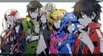  4girls arms_behind_head azami_(kagerou_project) black_hair blonde_hair blue_eyes blue_hair cellphone closed_eyes crossed_arms ene_(kagerou_project) expressionless flower glowing glowing_eyes gorgon green_eyes hair_flower hair_ornament hair_ribbon headphones hood hoodie kagerou_project kano_shuuya kisaragi_momo kisaragi_shintarou kozakura_shion letterboxed long_hair looking_away multiple_boys multiple_girls phone ribbon seto_kousuke short_hair side_ponytail smartphone smile sweater twintails white_eyes white_hair wonoco0916 yellow_eyes 