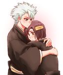  artist_request black_hair bleach blue_eyes blush highres hinamori_momo hitsugaya_toushirou hug medium_hair short_hair tama-chan_(momomomijisakura) white_hair yellow_eyes 