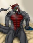  abs anthro argonian balls bed biceps big_muscles black_penis black_skin body_markings dinosaur erection fangs feather green_skin grey_skin grin hair horn humanoid_penis kraidhiel looking_at_viewer male markings muscles nude open_mouth pecs penis pillow plain_background pose presenting reclining red_hair red_skin reptile scales scalie sitting smile solo spots stripes tagg taggcrossroad teeth the_elder_scrolls theropod toned tongue underwear video_games yellow_eyes 