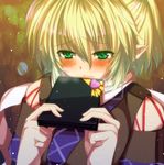  bad_id bad_pixiv_id blonde_hair blush box detached_sleeves frown gift gift_box green_eyes heart highres light_particles looking_at_viewer mizuhashi_parsee multicolored multicolored_background pointy_ears scarf short_hair solo sousakubito touhou upper_body 