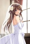  :d back bare_shoulders black_eyes breasts bridal_veil bride brown_hair curtains detached_sleeves double_bun dress flower hair_flower hair_ornament jewelry kantai_collection kongou_(kantai_collection) large_breasts long_hair looking_back nakano_sora open_mouth ring smile solo sunlight veil wedding_dress window 