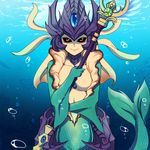  black_sclera breasts bubble center_opening kuroinu0067 league_of_legends looking_at_viewer medium_breasts mermaid monster_girl nami_(league_of_legends) red_eyes smile solo staff underwater 