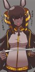  animal_ears ankh anubis-senpai black_hair breasts egyptian grin headdress highres jackal_ears jacket long_hair matsuda_yuusuke medium_breasts multicolored multicolored_eyes original red_eyes sharp_teeth smile solo teeth track_jacket translation_request 