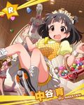  3girls apron basket black_hair blush brown_eyes brown_hair character_name dress faceless faceless_female failure heart idolmaster idolmaster_million_live! kousaka_umi maid maid_apron maid_headdress multiple_girls nakatani_iku official_art roller_skates skates valentine 