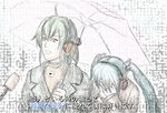  2girls ahoge blue_hair blush covering_face embarrassed fl-chan fl_studio green_hair hair_ornament hatsune_miku headphones interview microphone multiple_girls orange_eyes parody special_feeling_(meme) twintails umbrella vocaloid yuri 