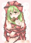  bdsm blush bondage bound bound_wrists bow breasts chocolate chocolate_heart earrings front_ponytail green_eyes green_hair hair_bow hair_ribbon happy_valentine heart jewelry kagiyama_hina large_breasts naked_ribbon nude ribbon short_hair single_earring solo tamichan touhou valentine 