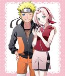  1girl ;d bandages bike_shorts black_shorts blonde_hair blue_eyes collarbone couple cowboy_shot eyebrows_visible_through_hair fishnets green_eyes grin hand_on_another's_shoulder hand_on_hip haruno_sakura headband heart jacket looking_at_viewer nanji3 naruto naruto_(series) one_eye_closed open_mouth orange_panties panties partially_unzipped pink_hair red_jacket short_hair shorts sleeveless_jacket smile sparkle spiked_hair standing underwear uzumaki_naruto 