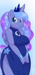  blue_eyes blue_hair breasts chubby dress edit equine female friendship_is_magic hair horn looking_at_viewer mammal my_little_pony onnanoko plain_background princess_luna_(mlp) purple_hair royalty solo two_tone_hair voluptuous wide_hips winged_unicorn wings 