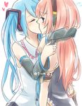  aqua_hair bad_id bad_pixiv_id blush closed_eyes detached_sleeves hatsune_miku headphones kiss koma_(remi_398) long_hair megurine_luka multiple_girls pink_hair twintails vocaloid yuri 