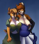  amber_eyes anthro areola big_breasts black_nose blonde_hair blue_background breasts brown_eyes brown_fur brown_hair brown_nipples brown_nose catherine_applebottom cervine choker cleavage clothed clothing couple cross daughter deer dress duo elaine_applebottom eyewear female fur glasses hair hair_bun hollandworks jailbird looking_at_viewer mammal milf mother mother_and_daughter navel necklace nipples open_mouth parent plain_background short_hair smile spots tan_fur tongue wardrobe_malfunction white_fur 