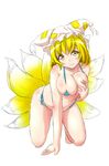  all_fours animal_ears bikini blonde_hair blush breasts cleavage excel_(shena) fox_tail hand_on_own_chest hat large_breasts looking_at_viewer multiple_tails short_hair side-tie_bikini simple_background sketch smile solo swimsuit tail touhou white_background yakumo_ran yellow_eyes 