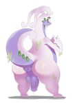  2014 3_fingers anus balls chubby dragon goo goodra green_eyes looking_back male nintendo penis plain_background pok&eacute;mon purple_body slimy slug solo sssonic2 standing video_games white_background wide_hips 