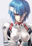  ayanami_rei bandage_over_one_eye bandages bangs banned_artist blue_hair bodysuit breasts covered_nipples gloves highres holding_arm impossible_bodysuit impossible_clothes lips looking_at_viewer neon_genesis_evangelion number plugsuit realistic red_eyes simple_background skin_tight small_breasts solo turtleneck upper_body white_background white_bodysuit yinan_cui 