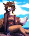  batman blue_sky bow_tie brown_hair canine clothing cloud cute female fluffy_tail fox fur hair looking_at_viewer mammal pants pointy_ears shirt sitting smile stripes tan_fur topaz topazfox 