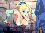  1girl animated animated_gif blonde_hair breasts censored game_cg green_eyes kabe_ni_hamatte_ugokenai!_2 masturbation nighthawk_(circle) penis pointy_ears ponytail stuck through_wall 