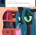  changeling drink english_text female friendship_is_magic fur green_eyes green_hair hair horn mixermike622 my_little_pony queen_chrysalis_(mlp) royalty solo text tumblr wings 