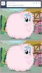  blue_eyes english_text equine female fluffle_puff fluffy friendship_is_magic fur hair horse ice_cream mammal mixermike622 my_little_pony outside pink_fur pink_hair pony solo text tongue tongue_out tumblr 