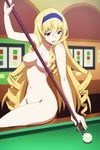  1girl ball billiards blonde_hair blue_eyes blush breasts cecilia_alcott cue_stick drill_hair female headdress highres infinite_stratos lips long_hair naked navel nipples nude nude_filter photoshop pool_table solo 