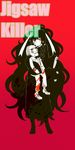  azami_(kagerou_project) black_hair blood blood_stain bookcage formal jigsaw_(character) kagerou_project long_hair orange_eyes puppet ribbon saw_(movie) scales suit very_long_hair 