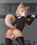  anthro balls black_nose blue_eyes butt canine clothing girly legwear looking_at_viewer looking_back male mammal presenting presenting_hindquarters smile solo stockings yuurikin 
