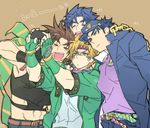  &gt;_&lt; blonde_hair blue_hair brown_hair caesar_anthonio_zeppeli cellphone closed_eyes family hat height_difference jojo_no_kimyou_na_bouken jonathan_joestar joseph_joestar_(young) kuujou_joutarou male_focus multiple_boys phone scarf self_shot smartphone toujou_sakana translated 