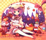  blush candy chocolate food hat long_hair nanahamu patchouli_knowledge pillow purple_eyes purple_hair sitting solo touhou 
