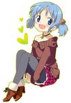  :d blue_eyes blue_hair blush casual hair_cubes hair_ornament heart jewelry leg_hug looking_at_viewer naganohara_mio necklace nfr nichijou open_mouth outline pantyhose short_hair simple_background smile solo twintails white_background 