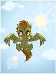  absurd_res cloud equine eyelashes female feral fluffy flying friendship_is_magic fur group hair hi_res hooves horse looking_at_viewer mammal my_little_pony navel orange_hair outside pegasus pony smile solo spitfire spitfire_(mlp) vicse wings wonderbolts_(mlp) yellow_fur 