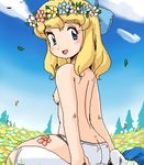  4040_(artist) aliasing alps_no_shoujo_heidi back blonde_hair blue_eyes blush bow breasts character_request cloud female field flower flower_field hair_bow hair_ribbon head_wreath klara_sesemann long_hair looking_at_viewer looking_back lowres nipples nippon_animation oekaki open_mouth outdoors panties ribbon sitting sky small_breasts smile socks solo source_request topless underwear wariza world_masterpiece_theater wreath 