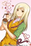  apron bangs blonde_hair brown_eyes chocolate copyright_name floral_print heart higurashi_no_naku_koro_ni holding izumi_natsuka long_hair looking_at_viewer parted_bangs sleeves_rolled_up smile solo syringe takano_miyo valentine yellow_apron 