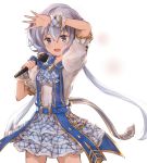  1girl alisia0812 alternate_costume arm_up belt bow granblue_fantasy highres idol kimi_to_boku_no_mirai konno_junko long_hair looking_at_viewer low_twintails microphone open_mouth open_palm puffy_sleeves short_sleeves silver_eyes silver_hair skirt solo twintails very_long_hair white_background wrist_cuffs zombie_land_saga 