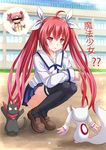  ahoge anger_vein cat censored check_translation commentary_request crossover date_a_live highres itsuka_kotori kaname_madoka kazenokaze kyubey long_hair mahou_shoujo_madoka_magica multiple_crossover necktie nichijou red_eyes red_hair sakamoto_(nichijou) school_uniform thighhighs translation_request twintails 